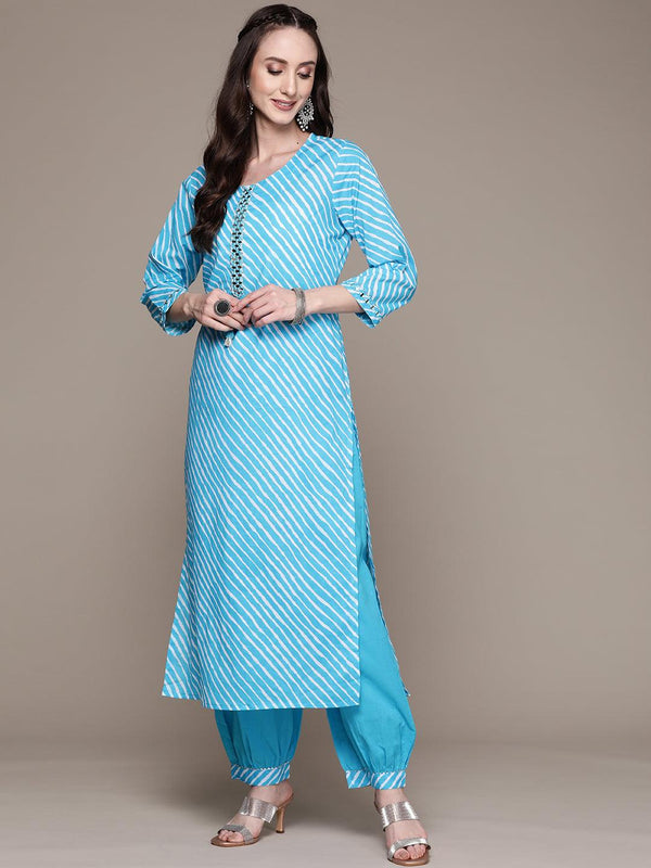 Women's Cotton Blue Yoke Design A-Line Kurta With Harem Pant - Ishin - Indiakreations