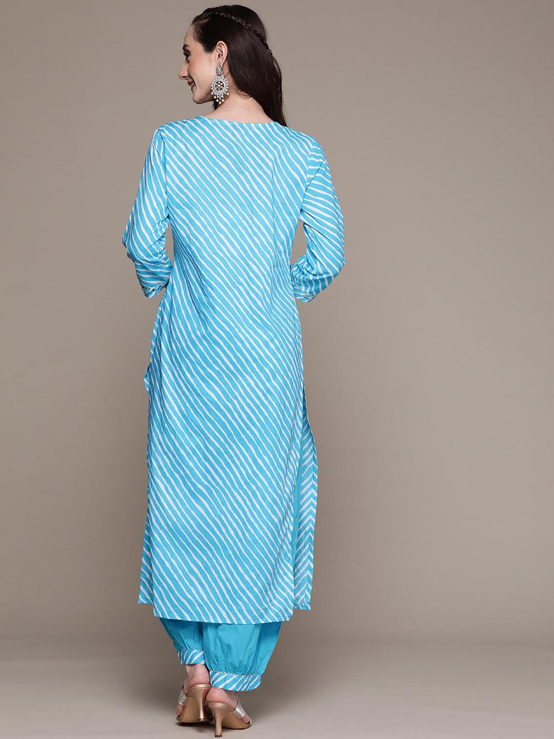 Women's Cotton Blue Yoke Design A-Line Kurta With Harem Pant - Ishin - Indiakreations