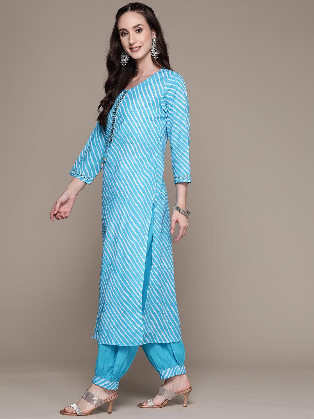 Women's Cotton Blue Yoke Design A-Line Kurta With Harem Pant - Ishin - Indiakreations