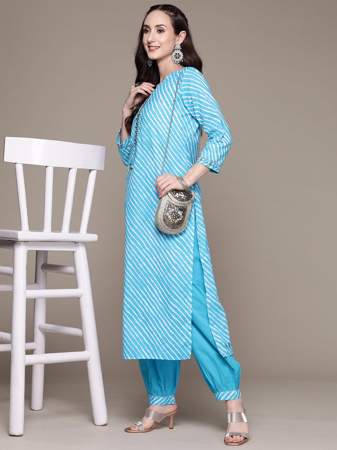 Women's Cotton Blue Yoke Design A-Line Kurta With Harem Pant - Ishin - Indiakreations