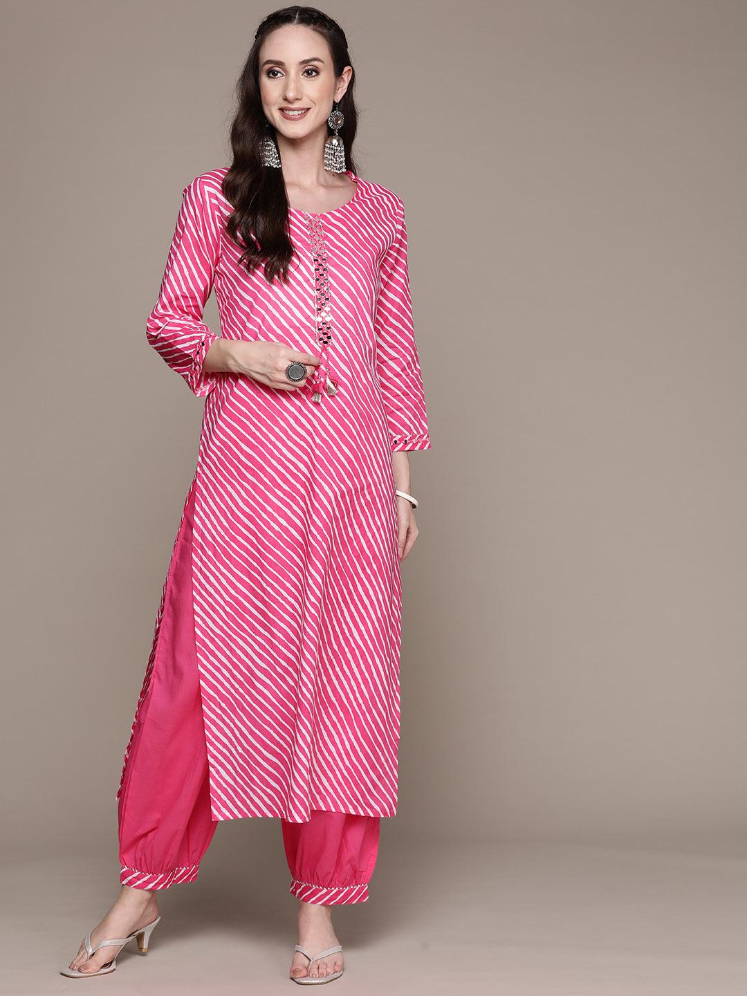 Women's Cotton Pink Yoke Design A-Line Kurta With Harem Pant - Ishin - Indiakreations