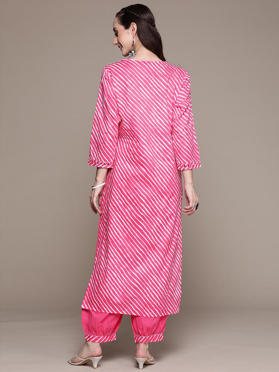 Women's Cotton Pink Yoke Design A-Line Kurta With Harem Pant - Ishin - Indiakreations