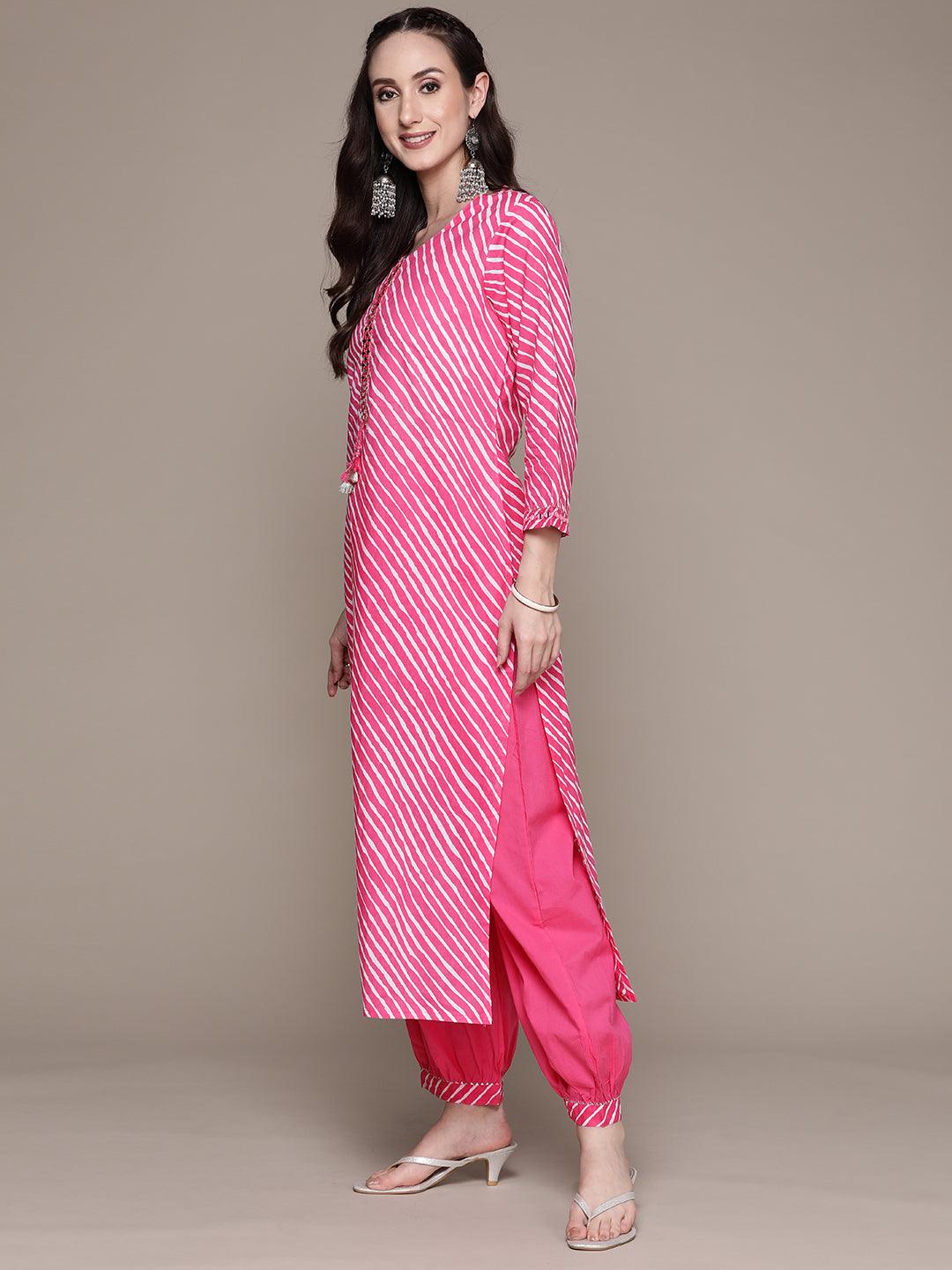 Women's Cotton Pink Yoke Design A-Line Kurta With Harem Pant - Ishin - Indiakreations