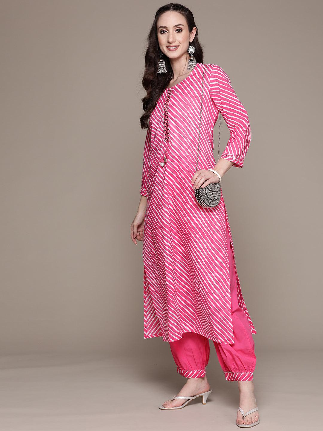 Women's Cotton Pink Yoke Design A-Line Kurta With Harem Pant - Ishin - Indiakreations