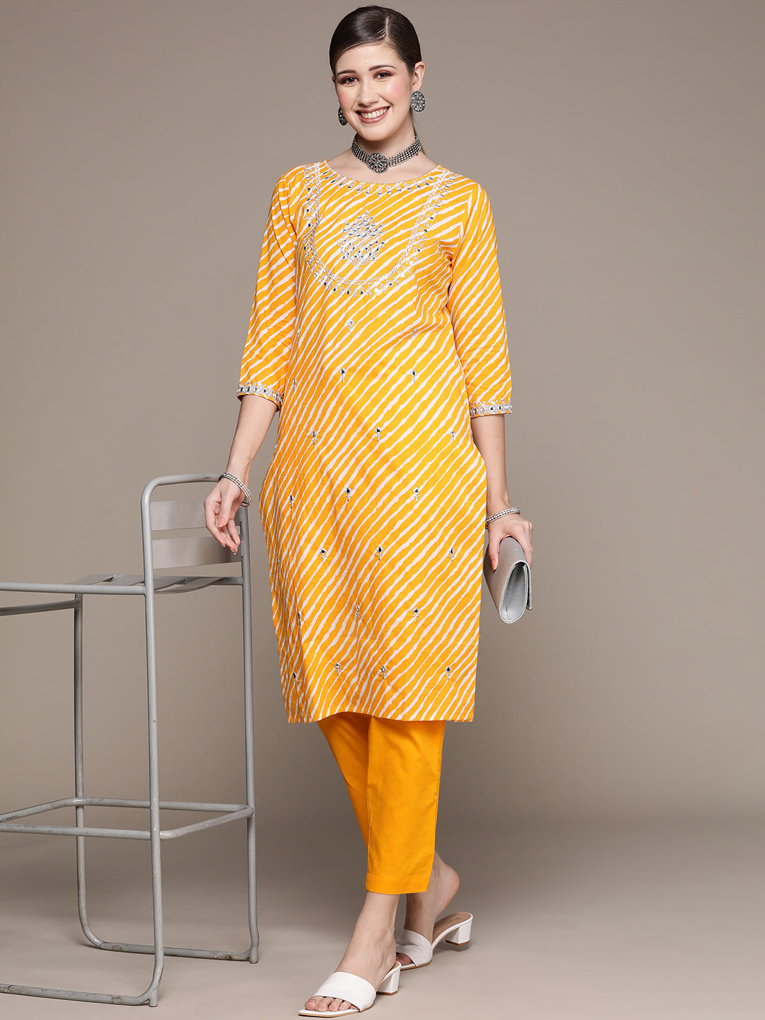 Women's Yellow Embroidered Straight Kurta With Trouser - Ishin