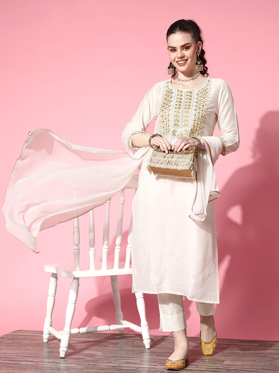 Women's Cotton Blend Off White Yoke Design A-Line Kurta Trouser Dupatta Set - Ishin