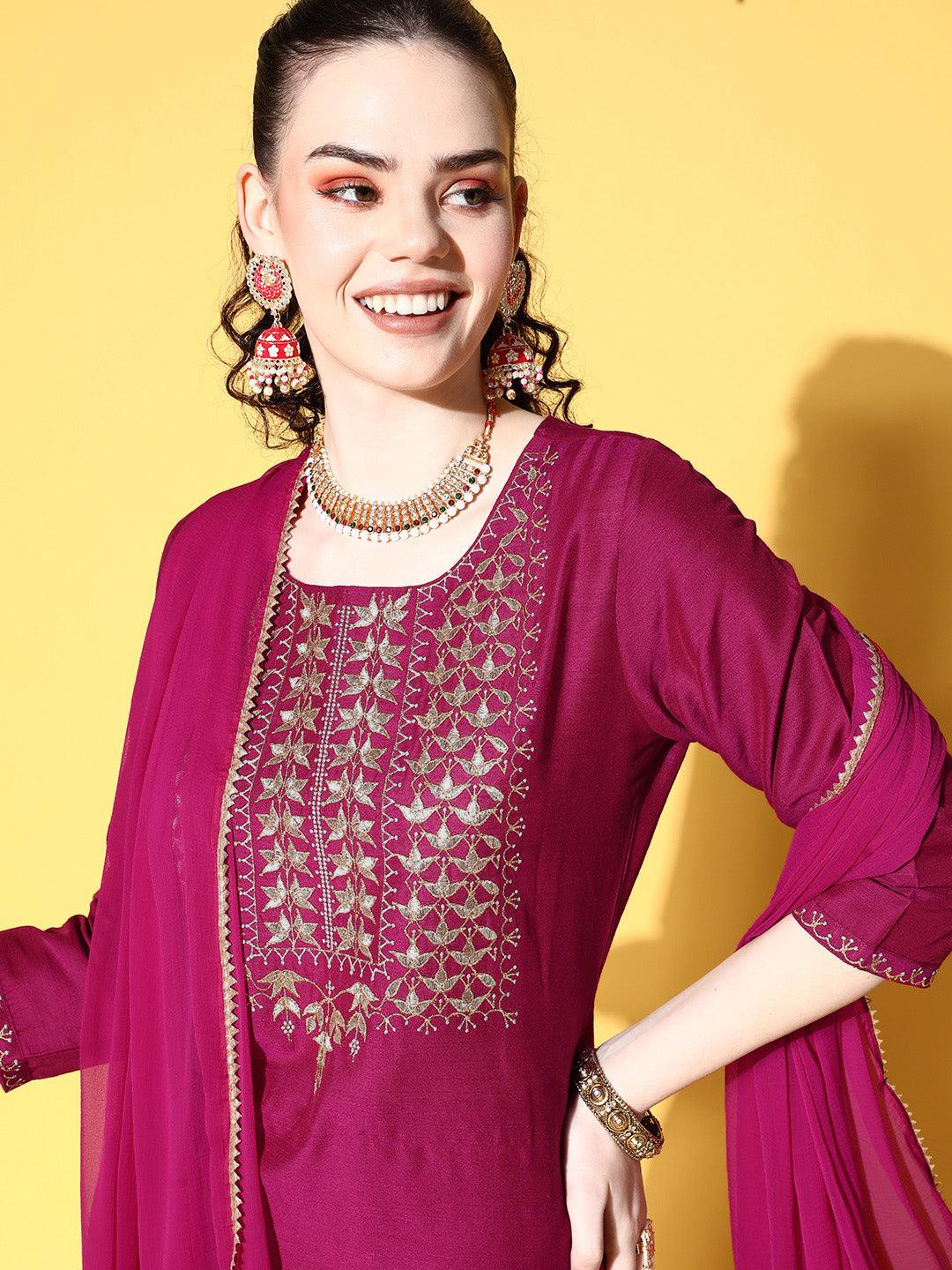 Women's Cotton Blend Magenta Yoke Design A-Line Kurta Trouser Dupatta Set - Ishin - Indiakreations