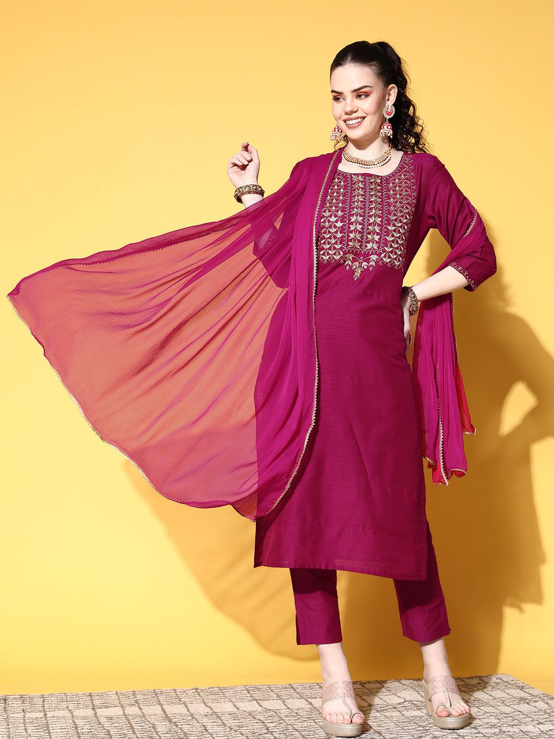 Women's Cotton Blend Magenta Yoke Design A-Line Kurta Trouser Dupatta Set - Ishin - Indiakreations