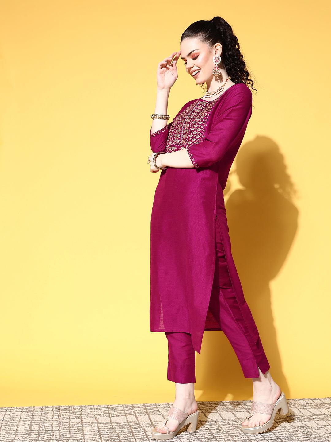 Women's Cotton Blend Magenta Yoke Design A-Line Kurta Trouser Dupatta Set - Ishin - Indiakreations