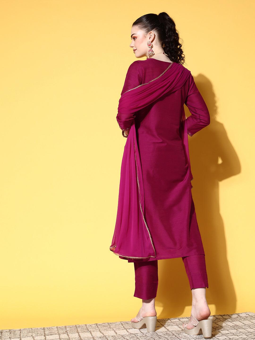 Women's Cotton Blend Magenta Yoke Design A-Line Kurta Trouser Dupatta Set - Ishin - Indiakreations