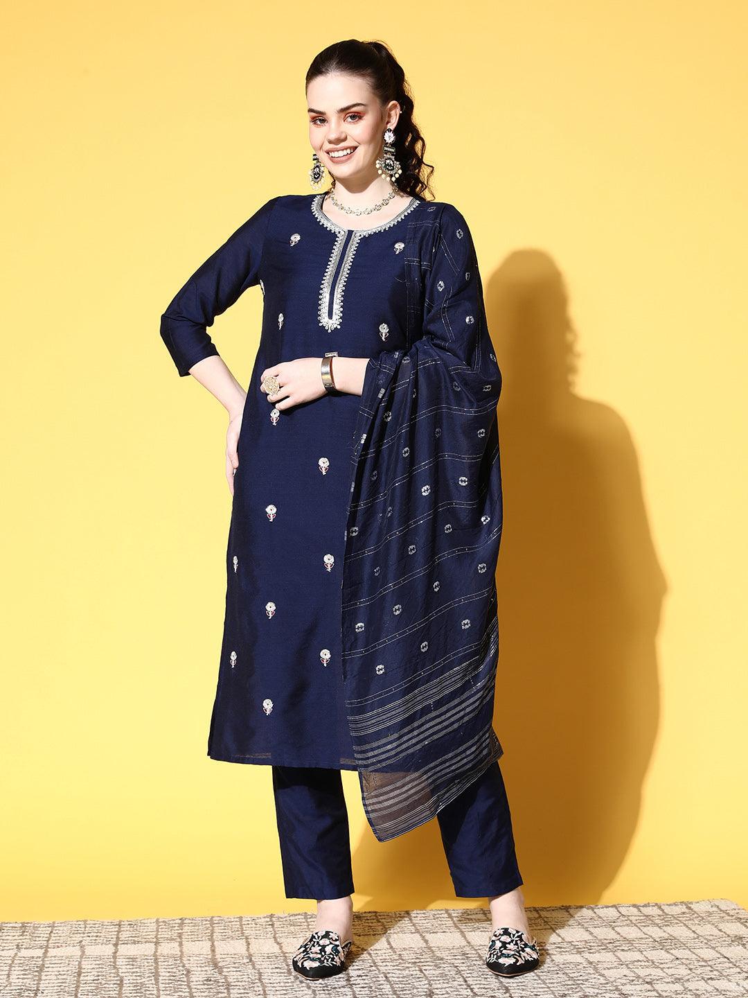 Women's Cotton Blend Navy Blue Embroidered A-Line Kurta Trouser Dupatta Set - Ishin - Indiakreations