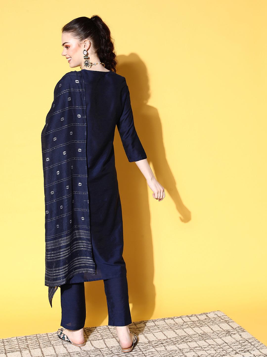 Women's Cotton Blend Navy Blue Embroidered A-Line Kurta Trouser Dupatta Set - Ishin - Indiakreations