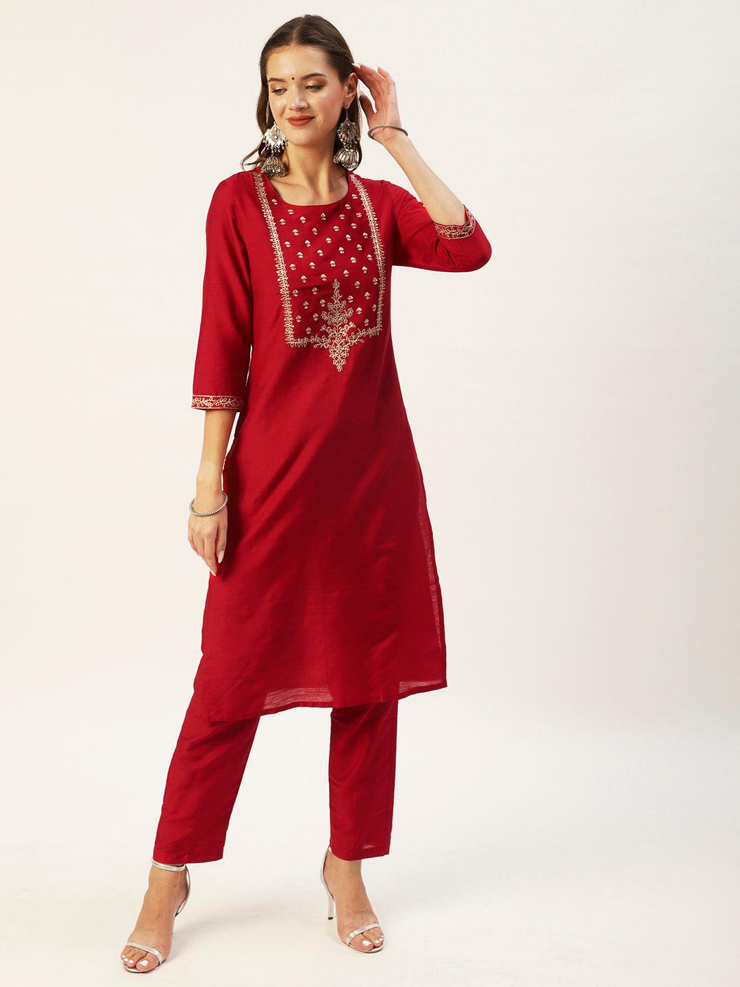 Women's Silk Blend Straight Yoke Design Sequinned Kurta Suit Set With Dupatta & Trousers - Ishin - Indiakreations