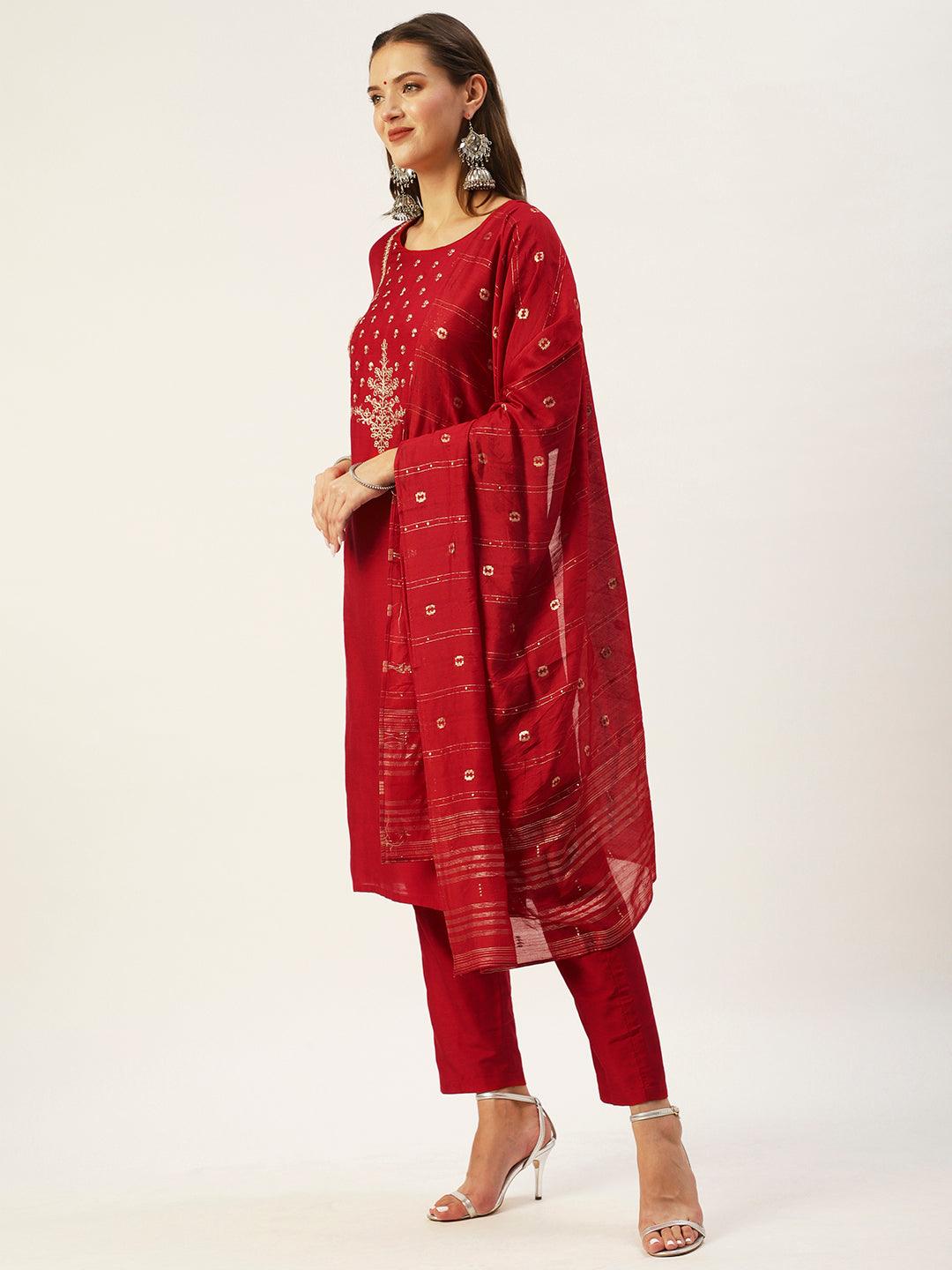 Women's Silk Blend Straight Yoke Design Sequinned Kurta Suit Set With Dupatta & Trousers - Ishin - Indiakreations