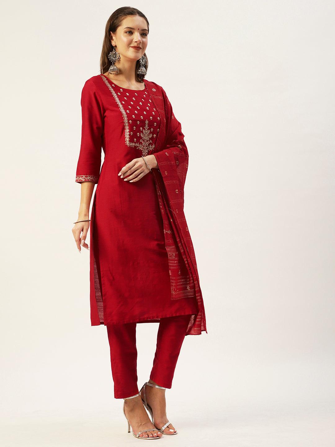 Women's Silk Blend Straight Yoke Design Sequinned Kurta Suit Set With Dupatta & Trousers - Ishin - Indiakreations