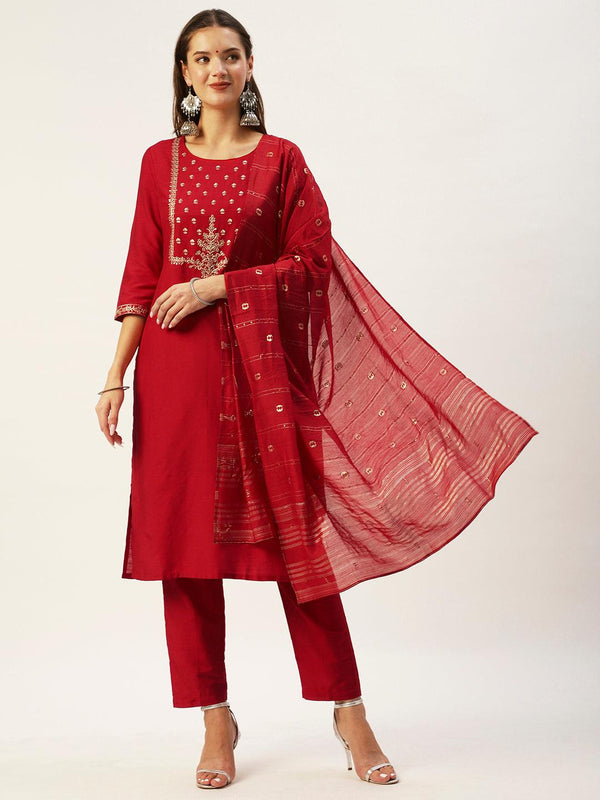 Women's Silk Blend Straight Yoke Design Sequinned Kurta Suit Set With Dupatta & Trousers - Ishin - Indiakreations