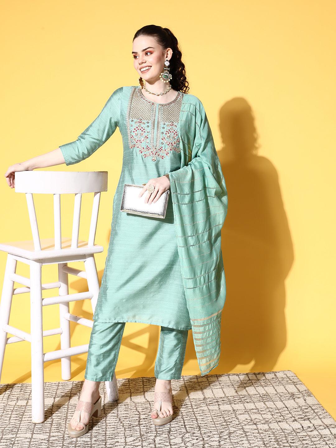 Women's Cotton Blend Sea Green Yoke Design A-Line Kurta Trouser Dupatta Set - Ishin - Indiakreations