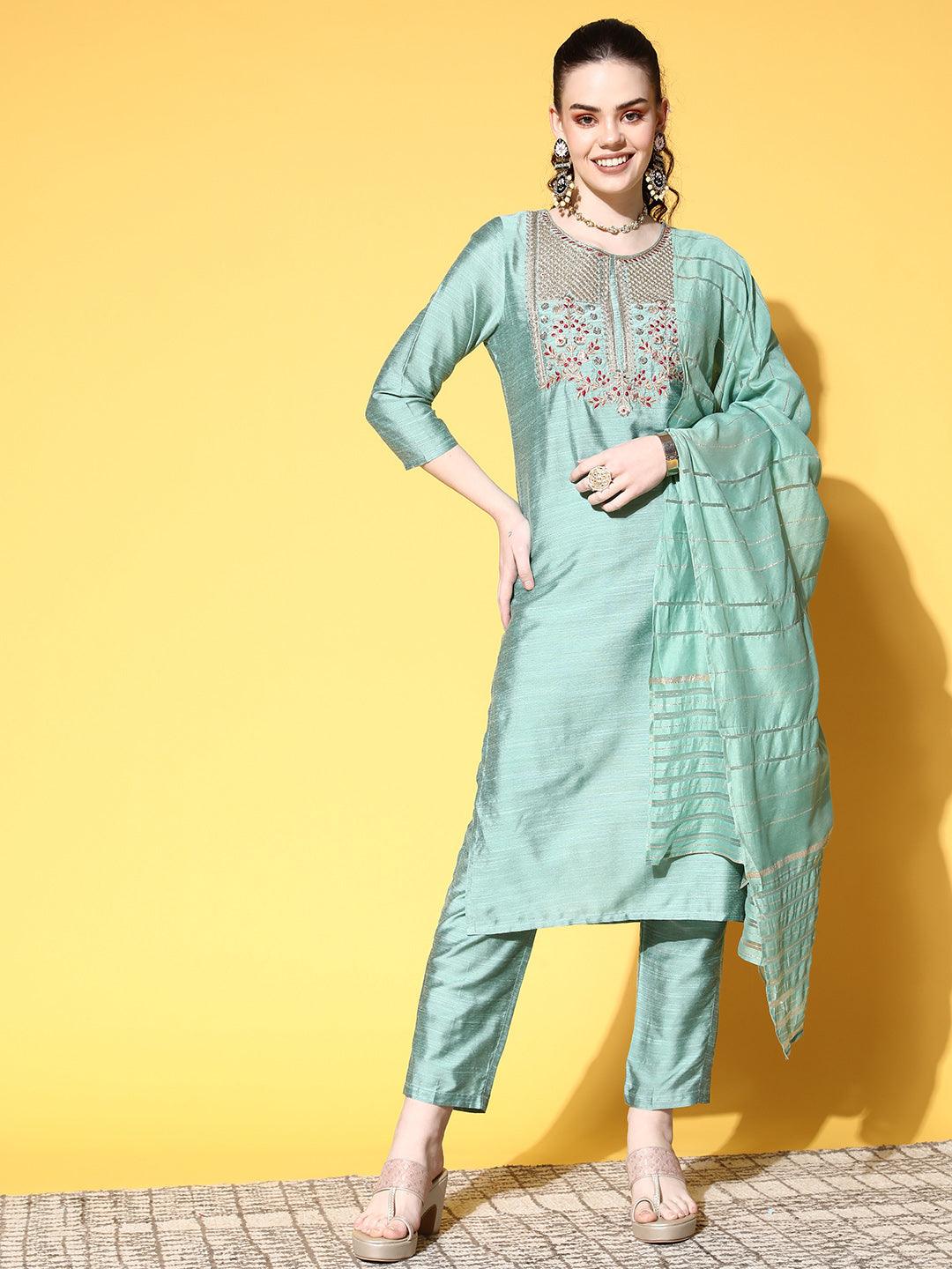 Women's Cotton Blend Sea Green Yoke Design A-Line Kurta Trouser Dupatta Set - Ishin - Indiakreations