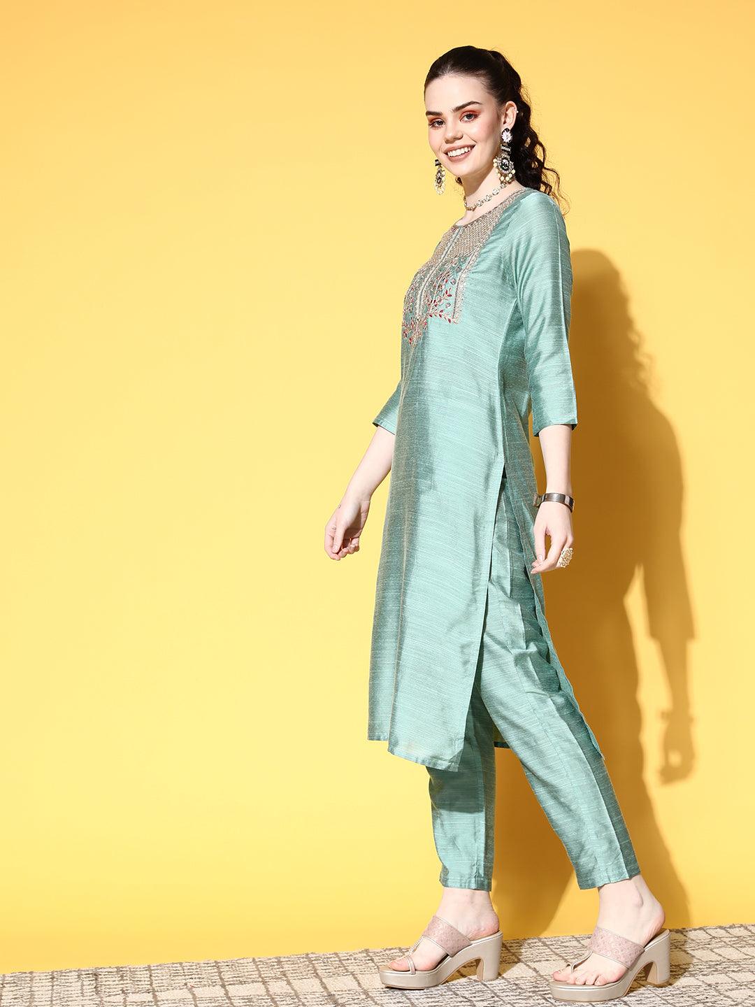 Women's Cotton Blend Sea Green Yoke Design A-Line Kurta Trouser Dupatta Set - Ishin - Indiakreations