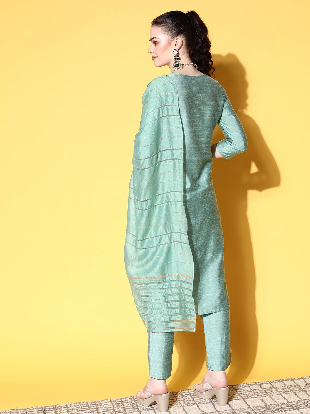 Women's Cotton Blend Sea Green Yoke Design A-Line Kurta Trouser Dupatta Set - Ishin - Indiakreations