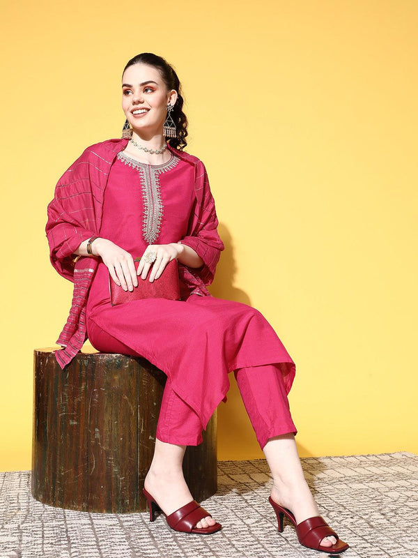 Women's Cotton Blend Magenta Yoke Design A-Line Kurta Trouser Dupatta Set - Ishin - Indiakreations