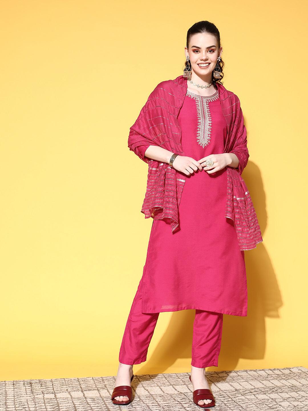 Women's Cotton Blend Magenta Yoke Design A-Line Kurta Trouser Dupatta Set - Ishin - Indiakreations