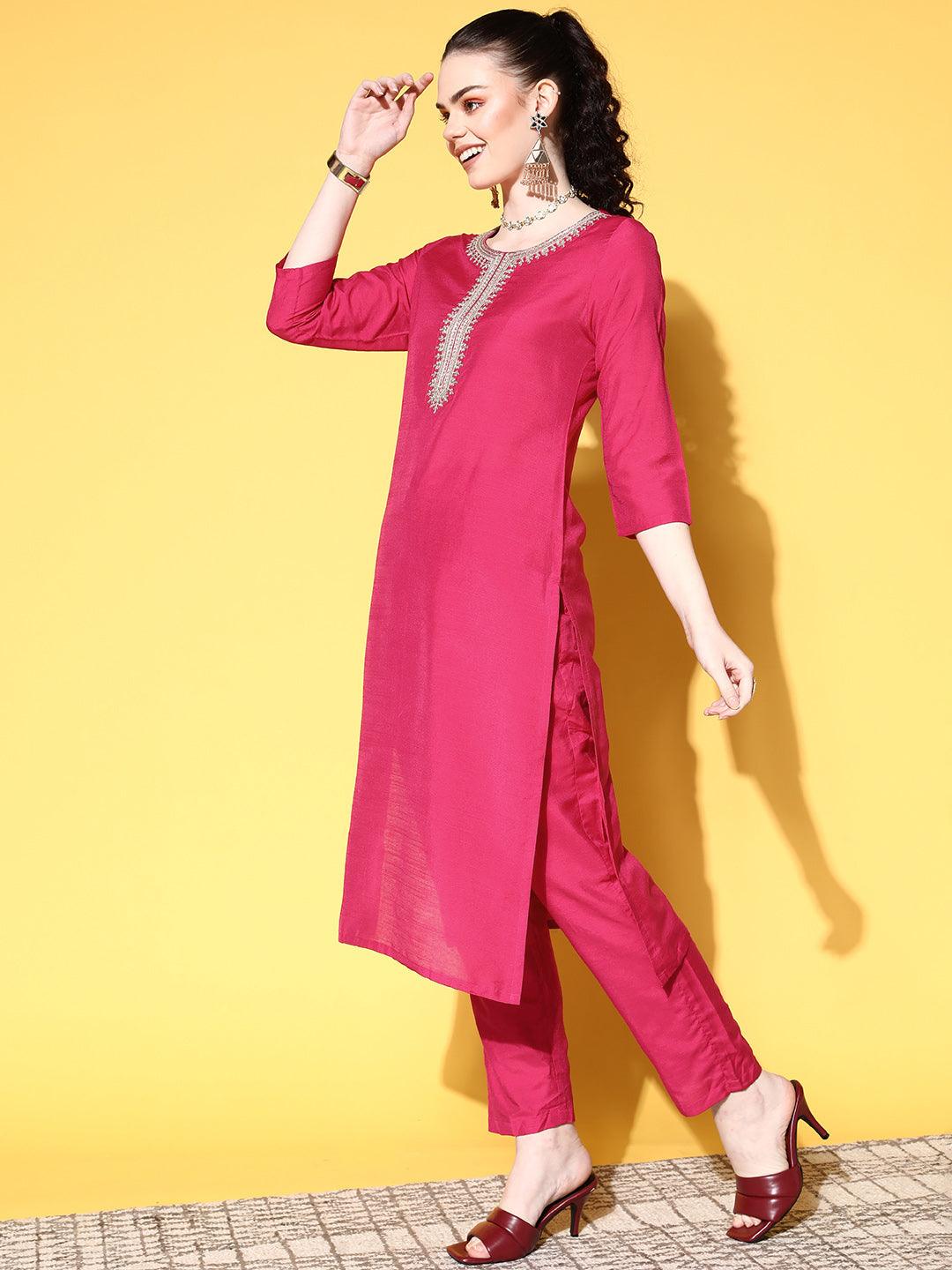 Women's Cotton Blend Magenta Yoke Design A-Line Kurta Trouser Dupatta Set - Ishin - Indiakreations