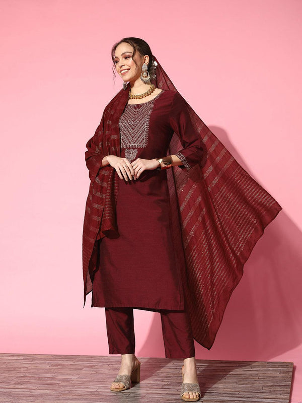 Women's Cotton Blend Maroon Yoke Design A-Line Kurta Trouser Dupatta Set - Ishin - Indiakreations