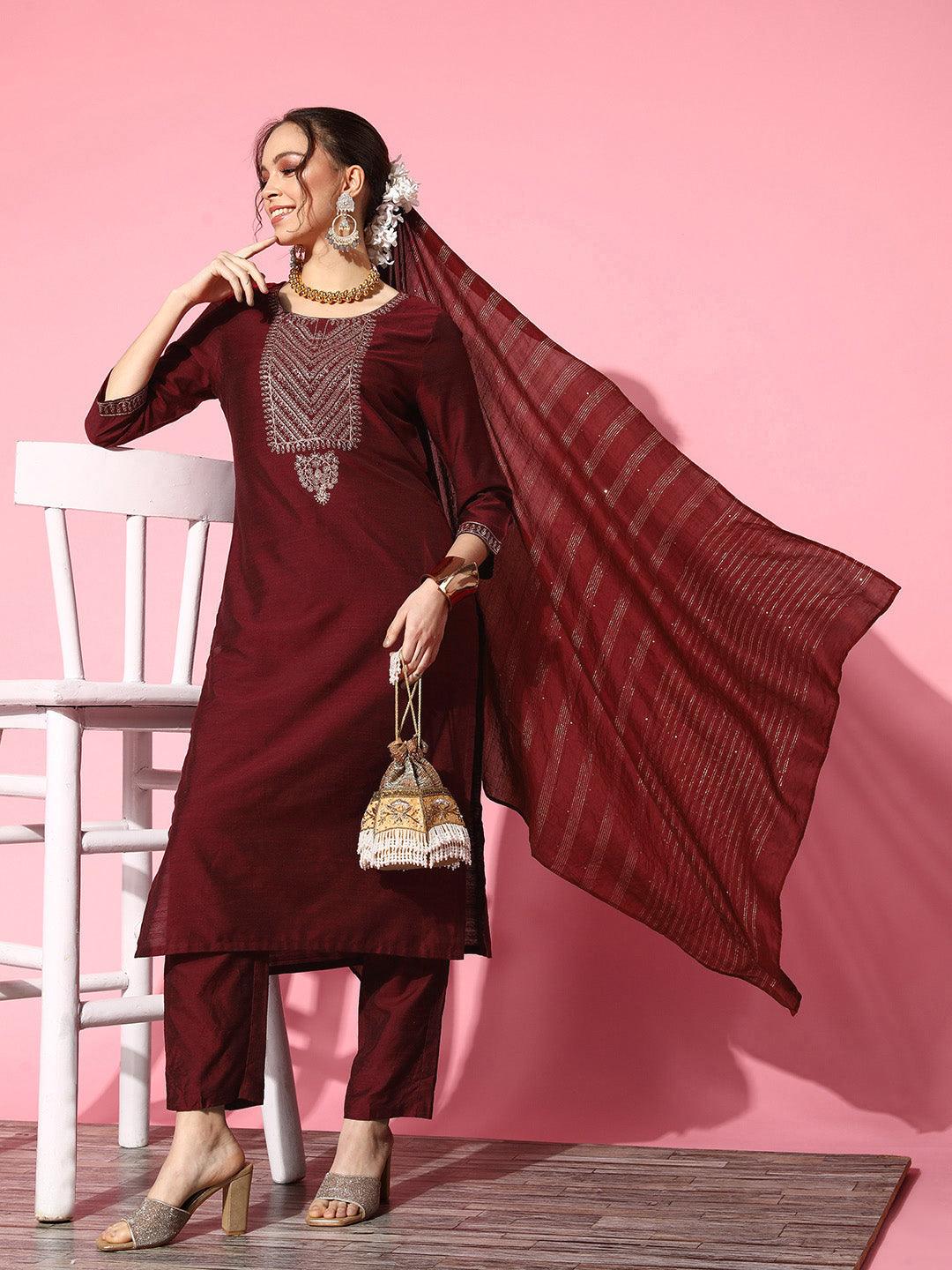 Women's Cotton Blend Maroon Yoke Design A-Line Kurta Trouser Dupatta Set - Ishin - Indiakreations