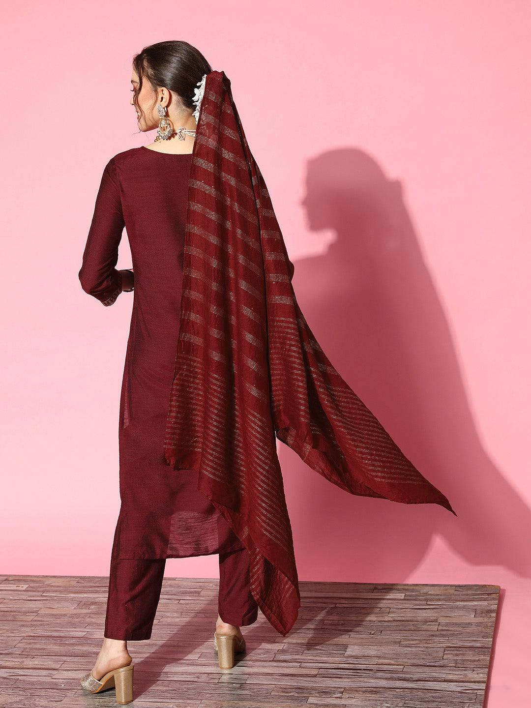 Women's Cotton Blend Maroon Yoke Design A-Line Kurta Trouser Dupatta Set - Ishin - Indiakreations