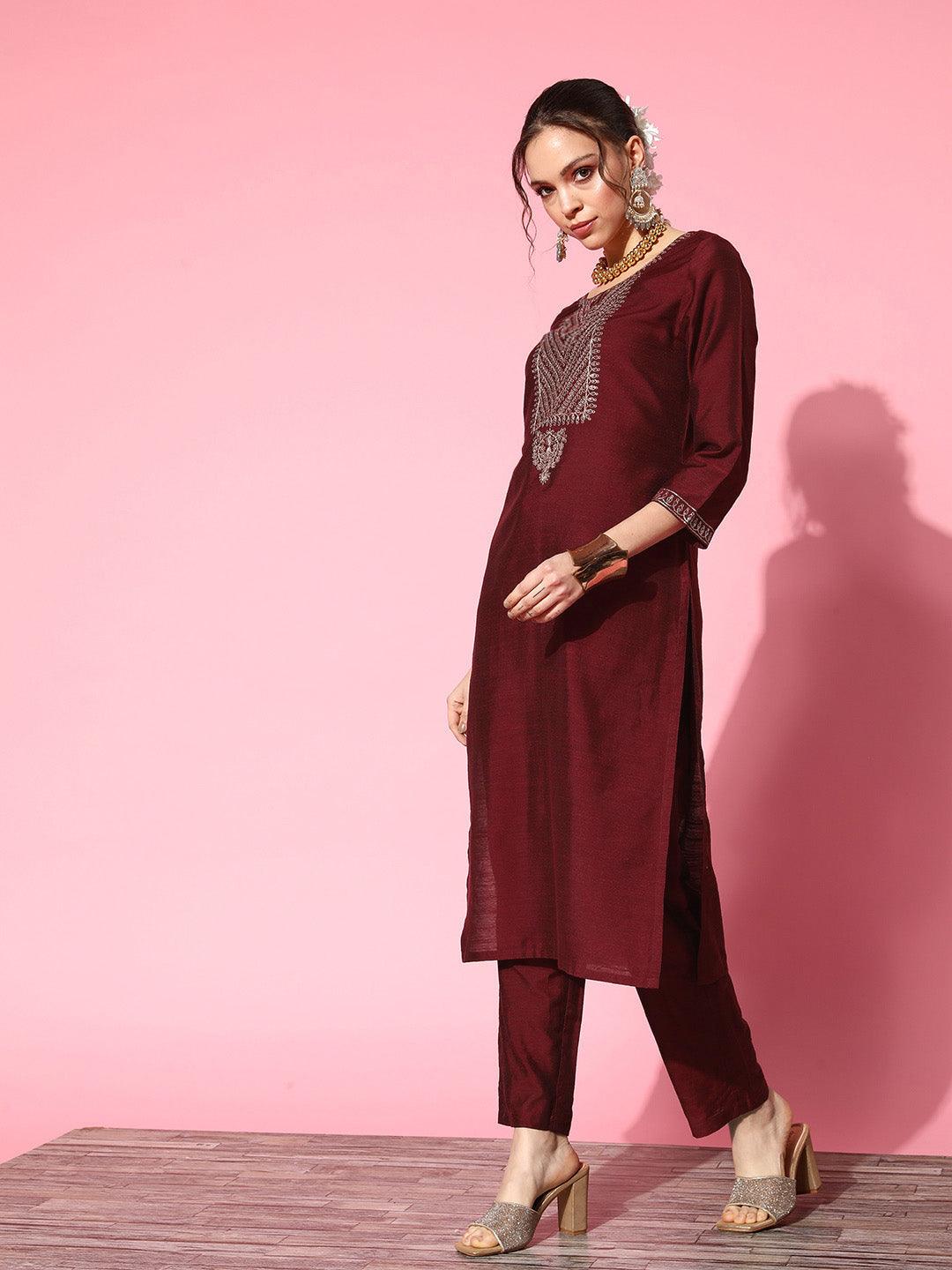 Women's Cotton Blend Maroon Yoke Design A-Line Kurta Trouser Dupatta Set - Ishin - Indiakreations