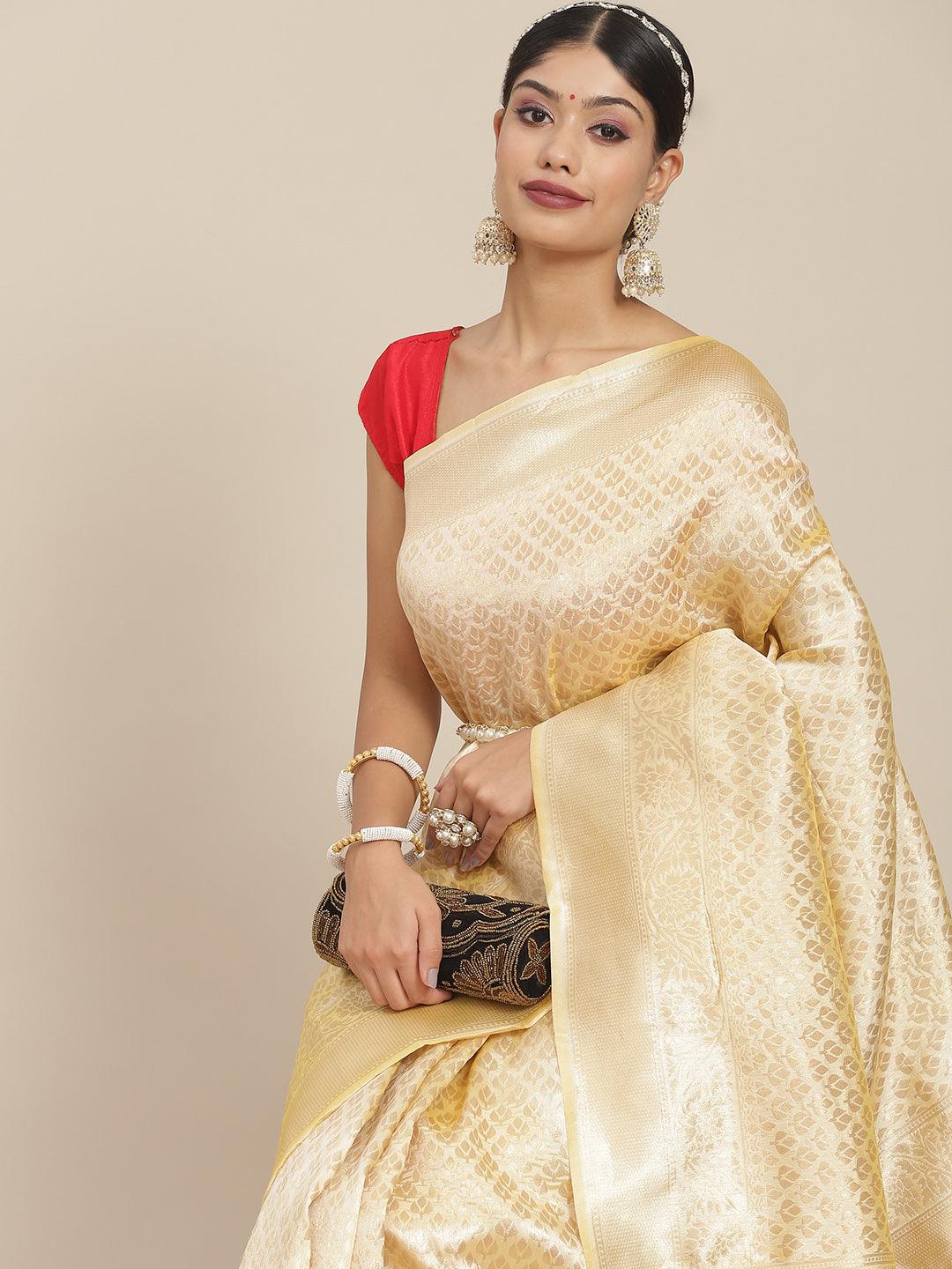 Women's Silk Cotton Off White Woven Design Saree With Blouse Piece - Ishin - Indiakreations