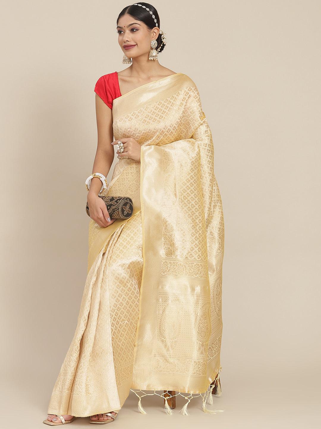 Women's Silk Cotton Off White Woven Design Saree With Blouse Piece - Ishin - Indiakreations