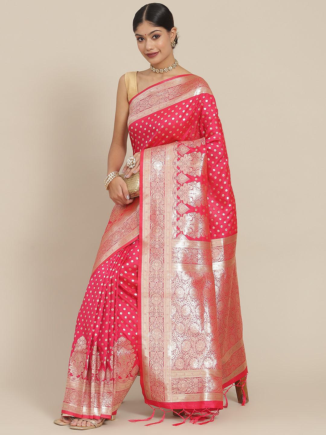 Women's Silk Blend Pink Woven Design Banarasi Saree With Blouse Piece - Ishin - Indiakreations