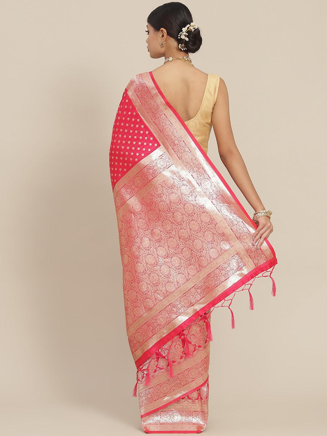 Women's Silk Blend Pink Woven Design Banarasi Saree With Blouse Piece - Ishin - Indiakreations