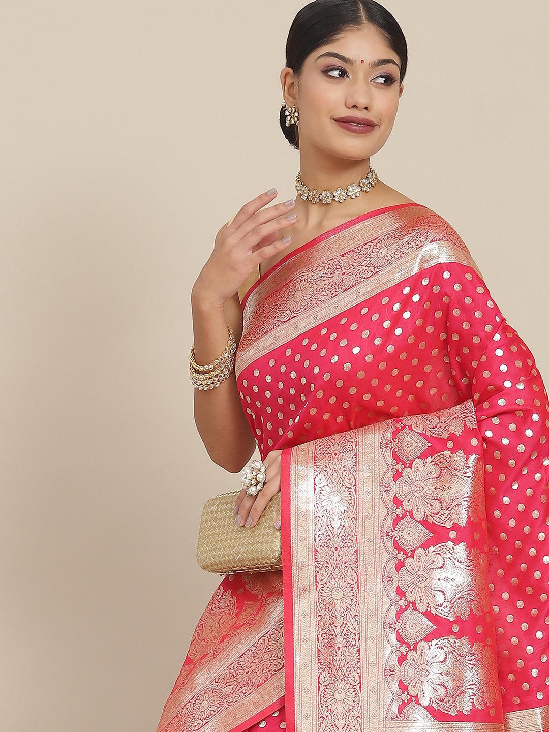 Women's Silk Blend Pink Woven Design Banarasi Saree With Blouse Piece - Ishin - Indiakreations