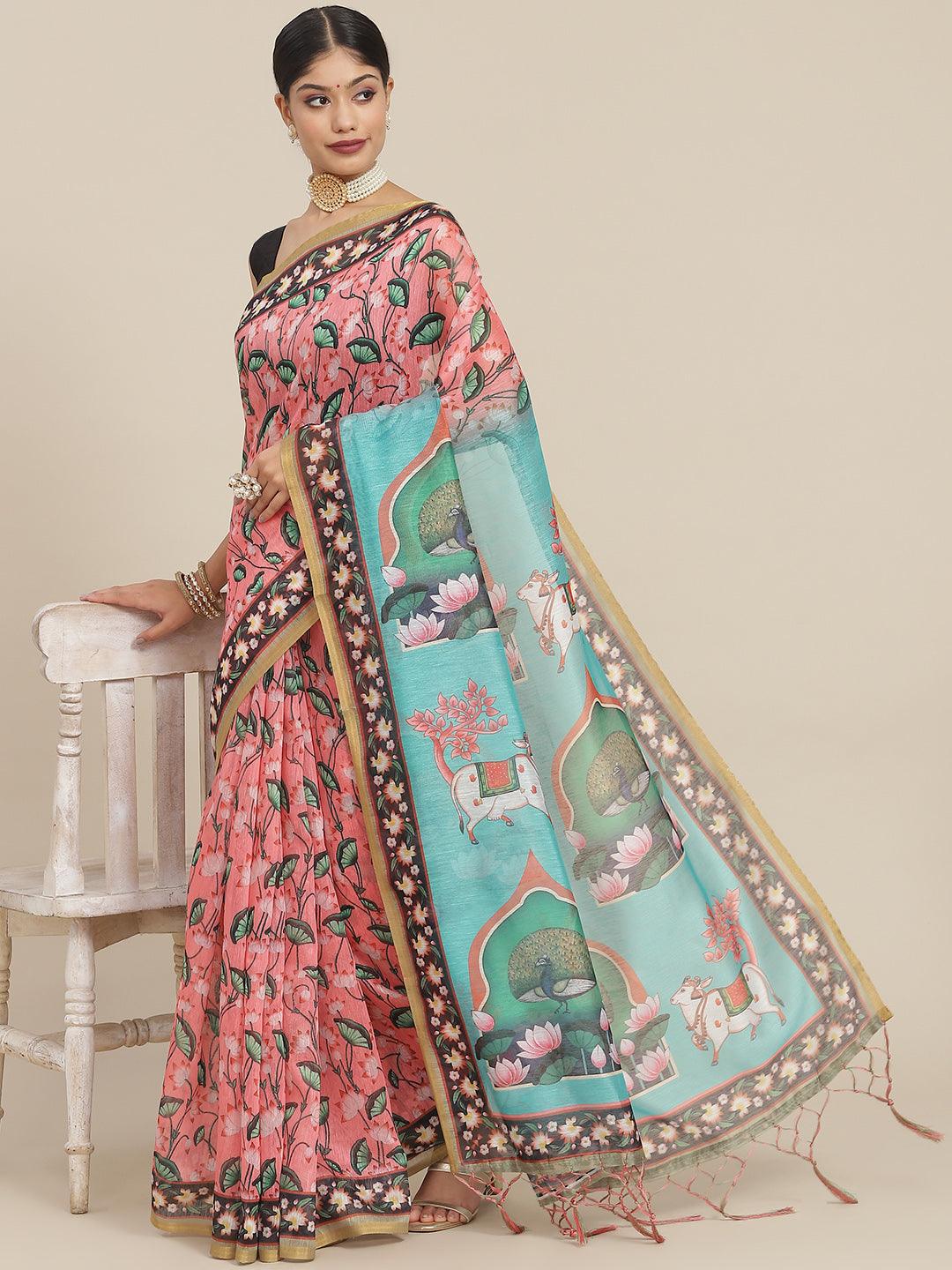 Women's Cotton Blend Green & Pink Printed Saree With Blouse Piece - Ishin - Indiakreations