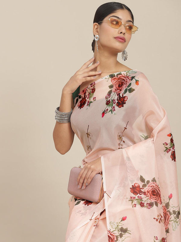 Women's Silk Blend Peach Printed Saree With Blouse Piece - Ishin - Indiakreations