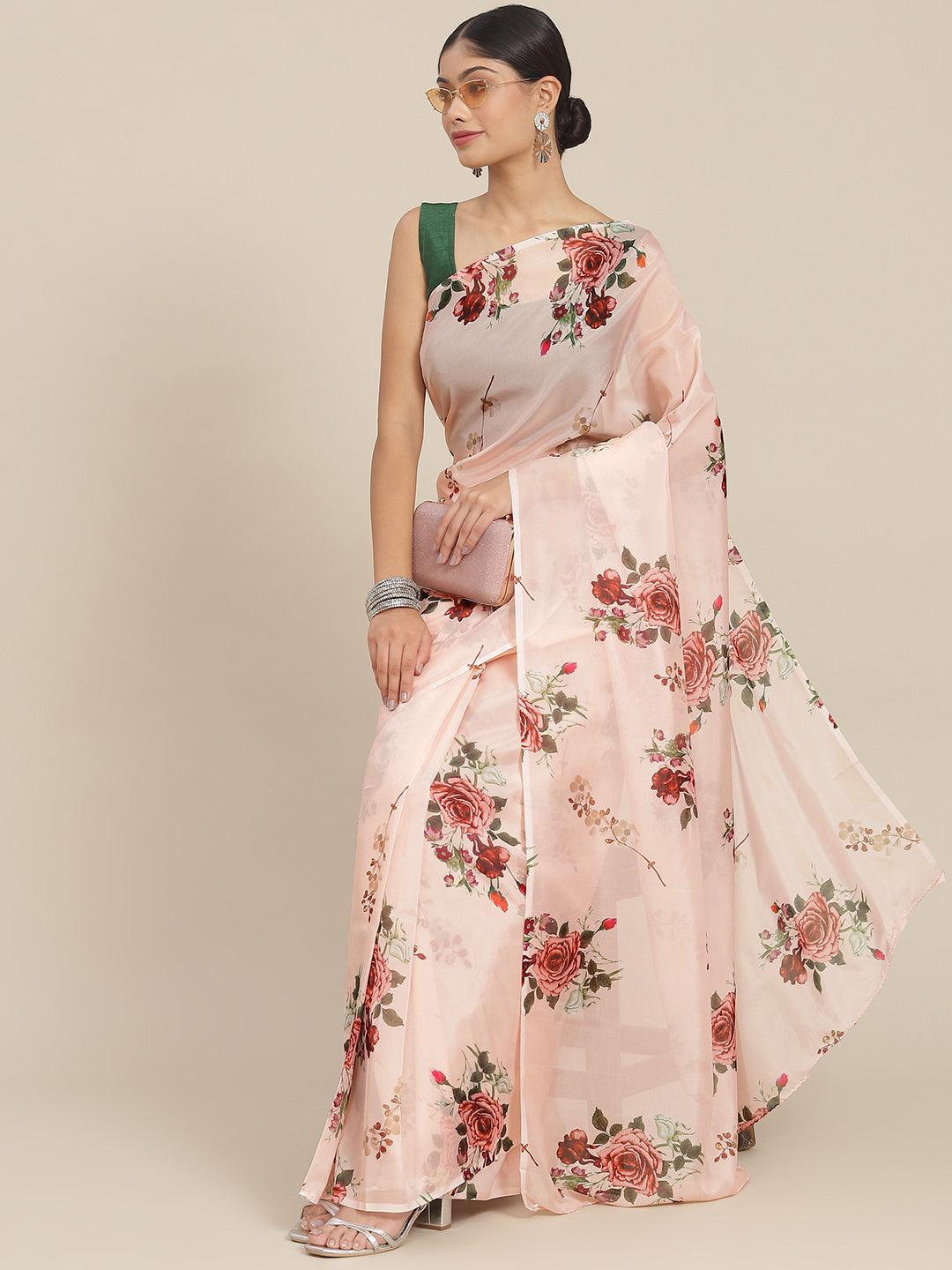 Women's Silk Blend Peach Printed Saree With Blouse Piece - Ishin - Indiakreations