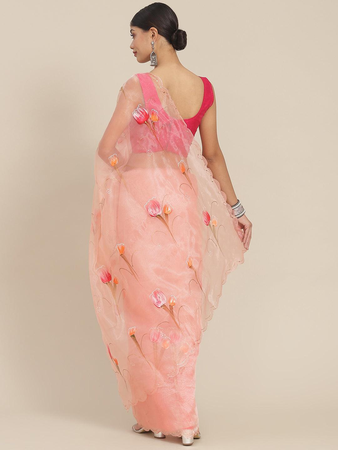 Women's Organza Peach Printed Saree With Blouse Piece - Ishin - Indiakreations