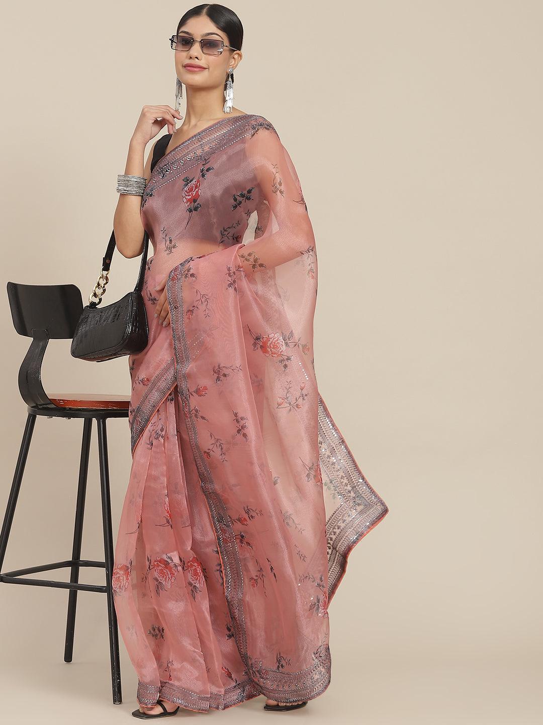 Women's Organza Peach Printed Saree With Blouse Piece - Ishin - Indiakreations