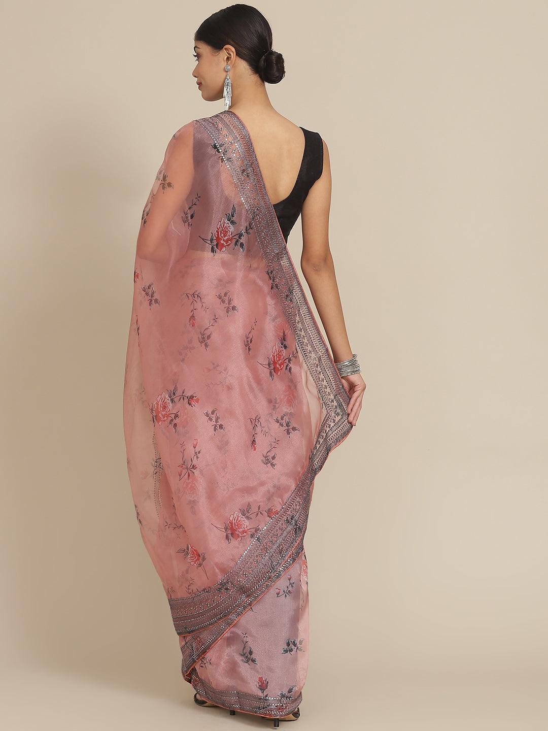 Women's Organza Peach Printed Saree With Blouse Piece - Ishin - Indiakreations