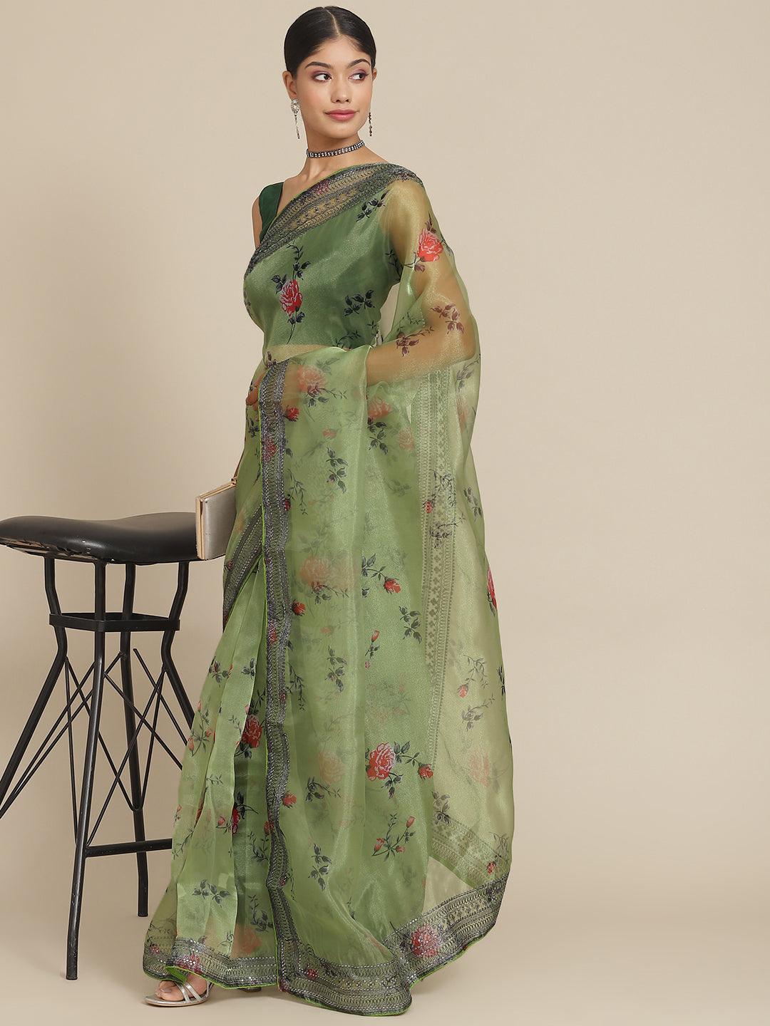 Women's Organza Green Printed Saree With Blouse Piece - Ishin - Indiakreations