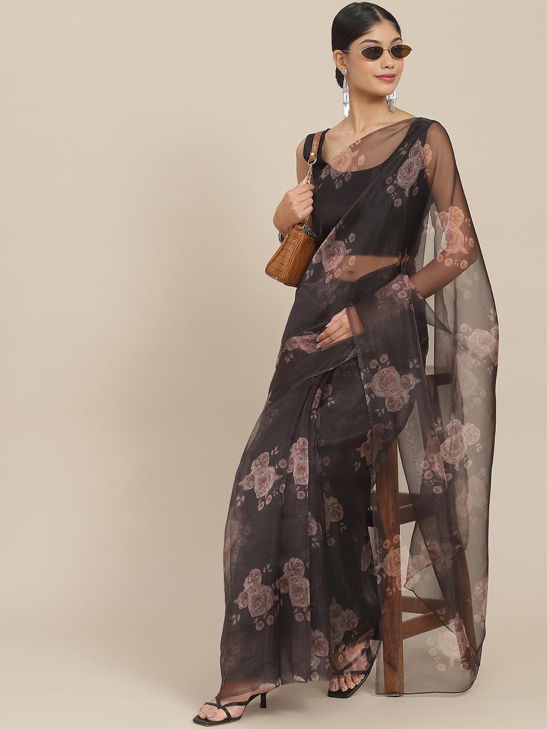 Women's Organza Black Printed Saree With Blouse Piece - Ishin - Indiakreations