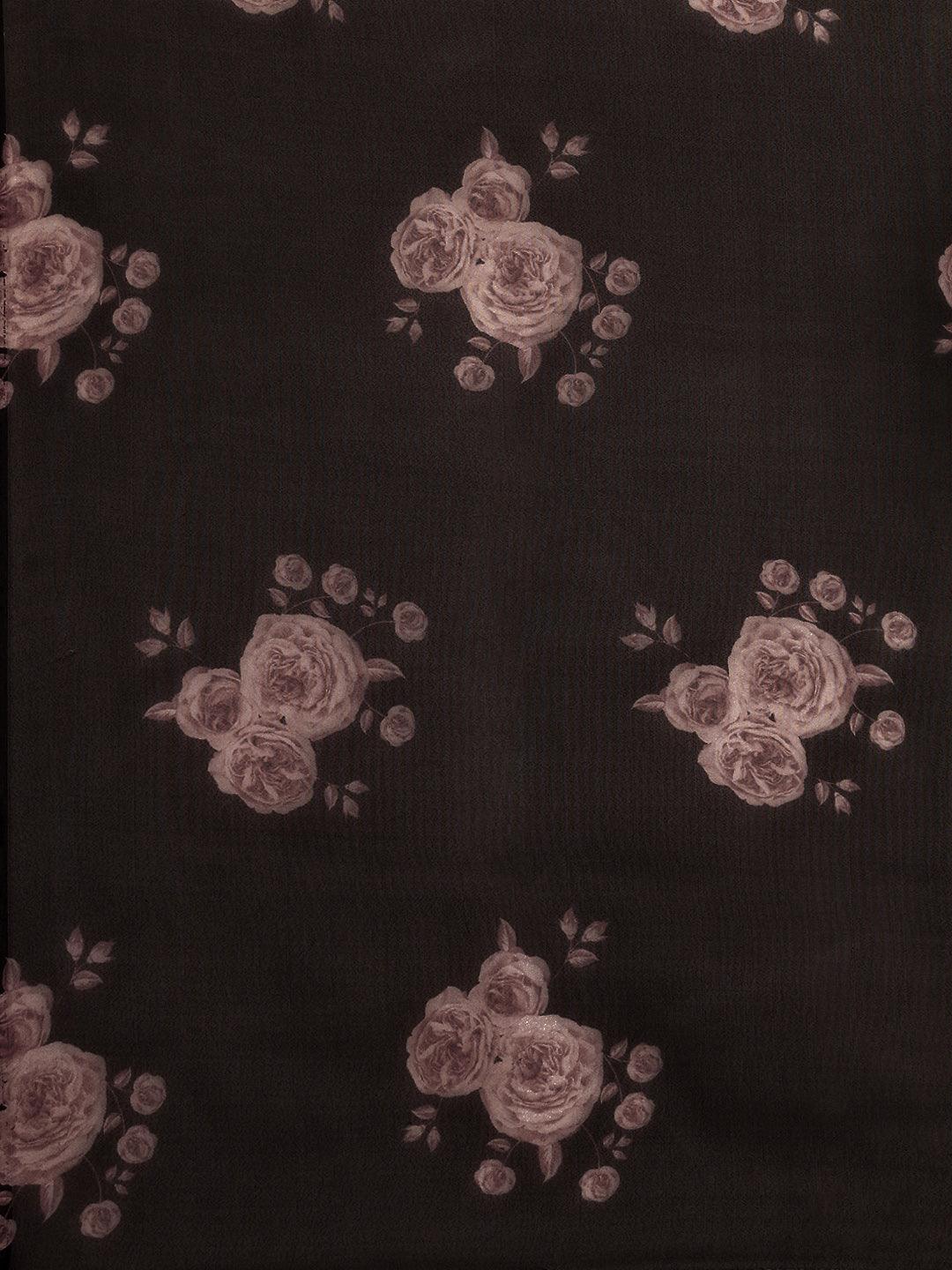 Women's Organza Black Printed Saree With Blouse Piece - Ishin - Indiakreations