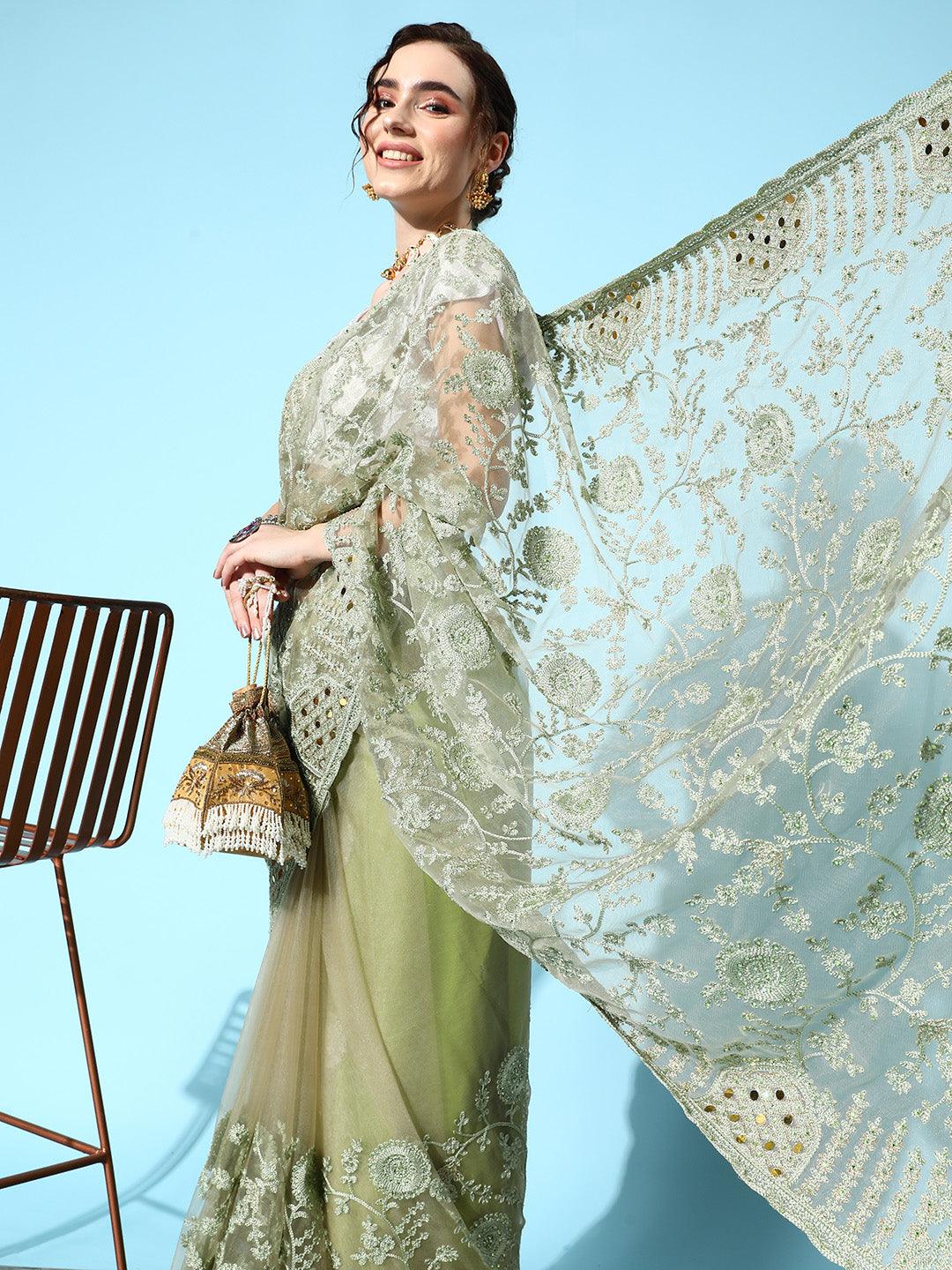 Women's Net Green Embroidered Saree With Blouse Piece - Ishin - Indiakreations