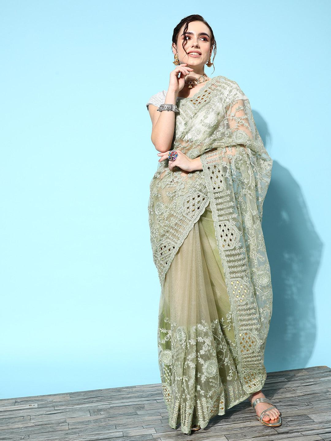 Women's Net Green Embroidered Saree With Blouse Piece - Ishin - Indiakreations