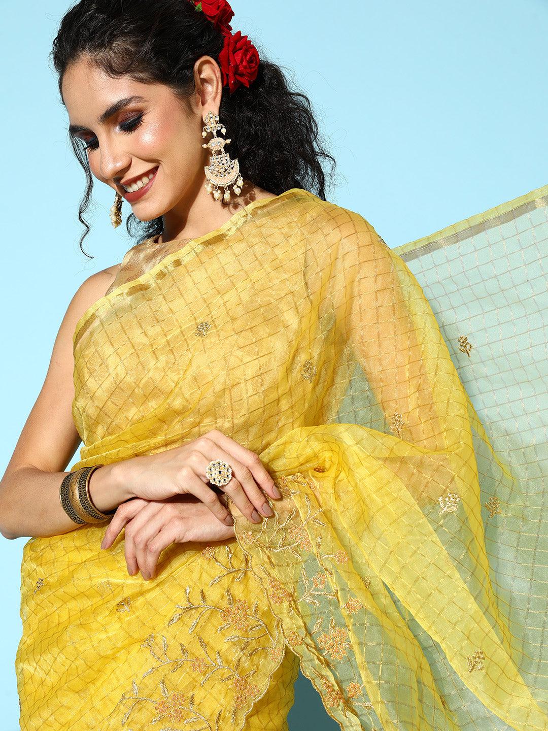 Women's Cotton Blend Yellow Embroidered Saree With Blouse Piece - Ishin - Indiakreations