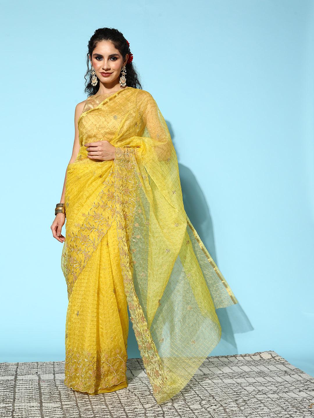 Women's Cotton Blend Yellow Embroidered Saree With Blouse Piece - Ishin - Indiakreations