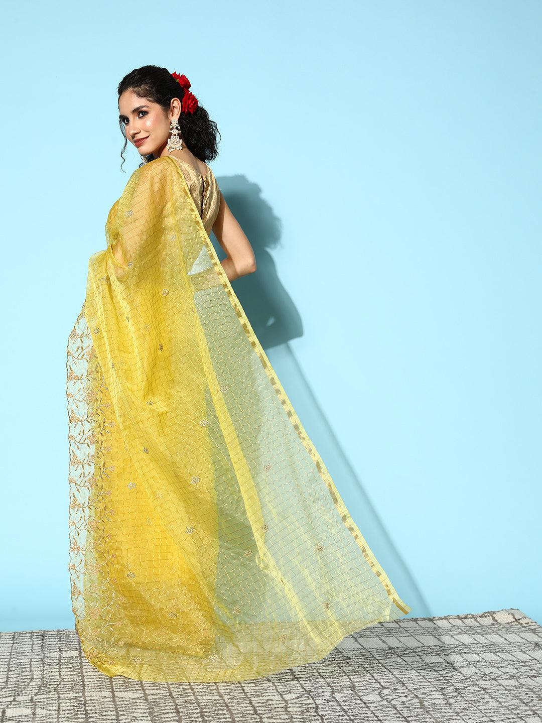 Women's Cotton Blend Yellow Embroidered Saree With Blouse Piece - Ishin - Indiakreations